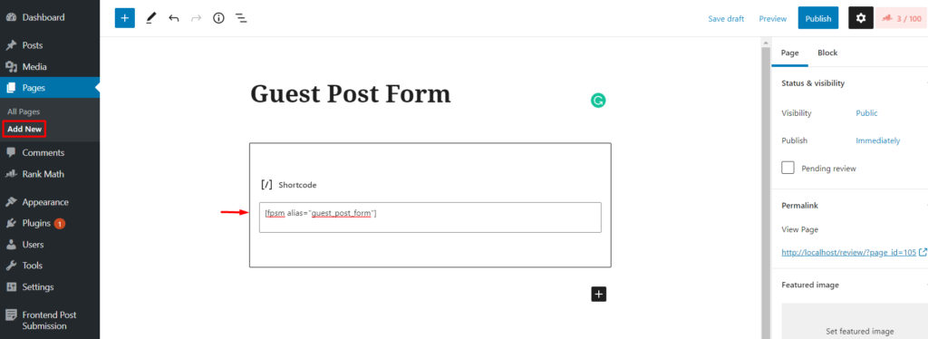 Frontend post submission add shortcode