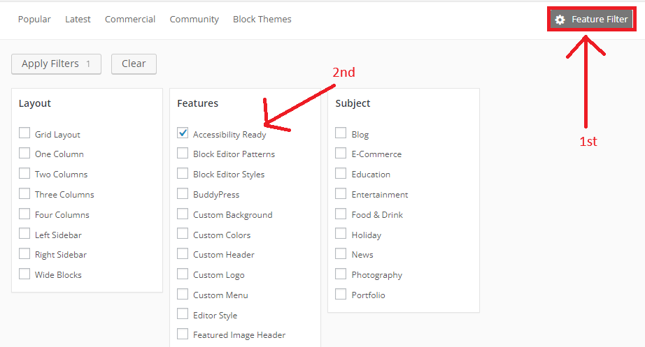 clicking on feature to select accessibility ready theme
