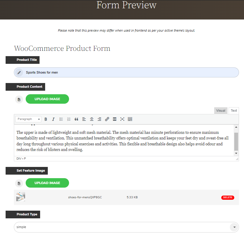 preview of woocommerce product form