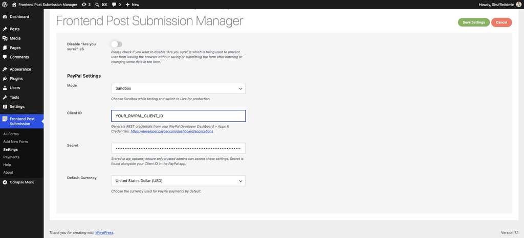 PayPal Global Settings in Frontend Post Submission Manager