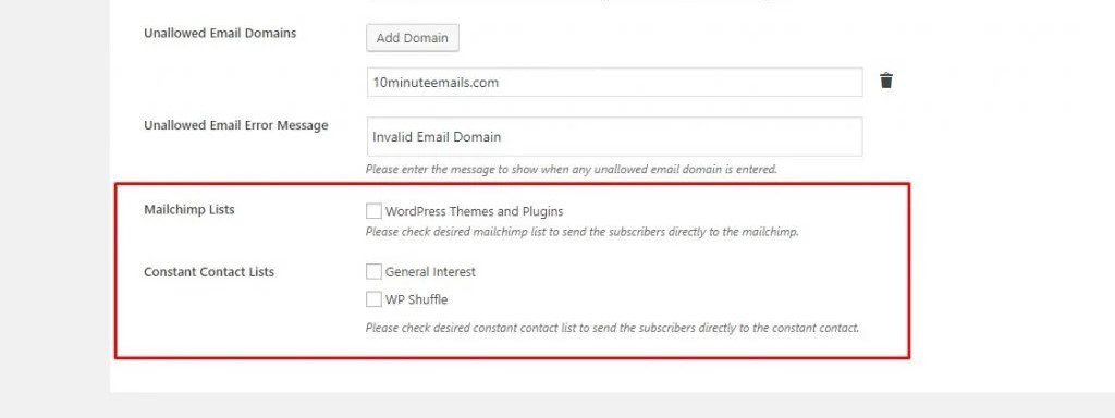 mailchimp and constant contact option