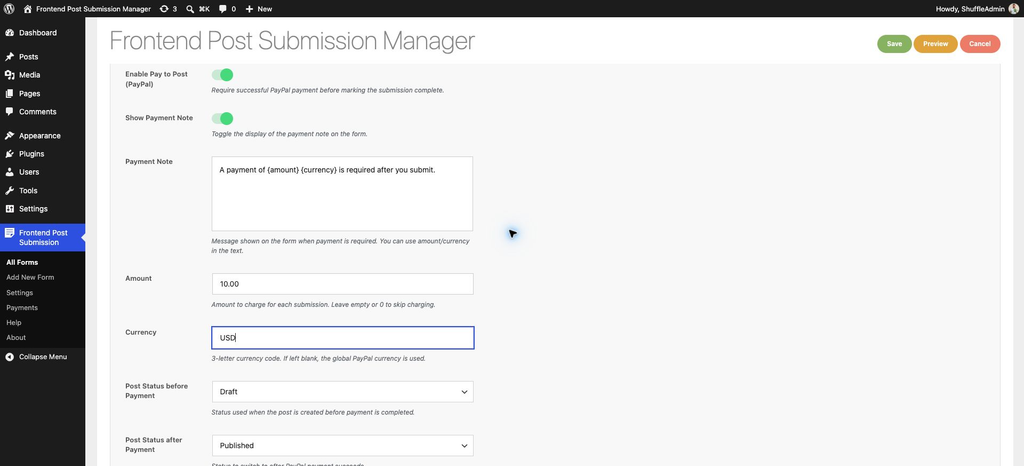 Per-form PayPal Payment Settings in Frontend Post Submission Manager