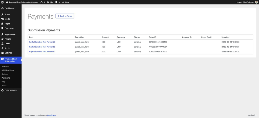 Submission Payments records screen in Frontend Post Submission Manager